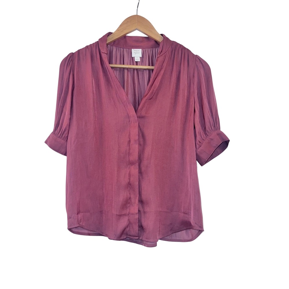 Roan + Ryan Blouse Womens Mauve Pink Short Sleeve V Neck Flowy Top